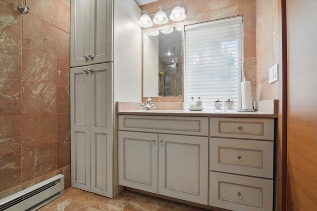 298 Overlook Way, Tannersville, PA 18372 - bathroom with a baseboard heating unit, vanity, and a shower