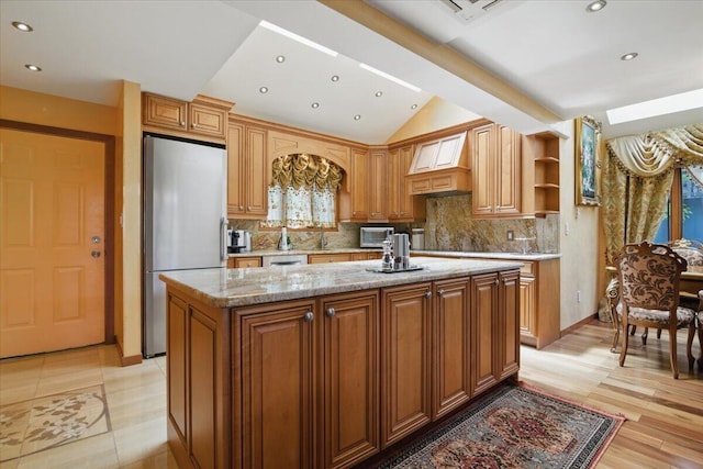 298 Overlook Way, Tannersville, PA 18372 - kitchen featuring fridge, open shelves, a center island, lofted ceiling, and tasteful backsplash