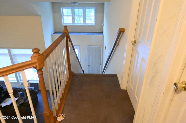 stairway with plenty of natural light and a high ceiling