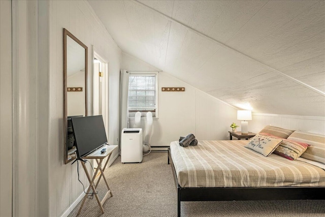 73 Big Bass Dr, Gouldsboro, PA 18424 - bedroom with lofted ceiling, carpet, and a baseboard radiator