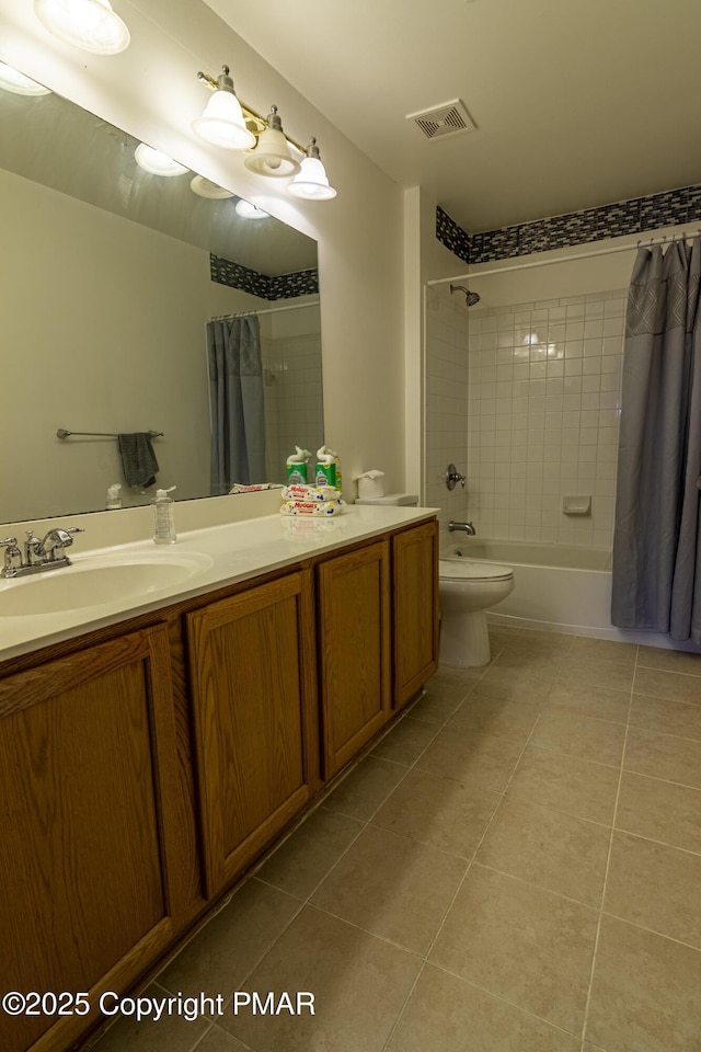 full bathroom with shower / bath combination with curtain, tile patterned flooring, visible vents, and vanity