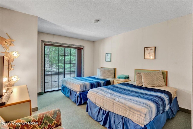 bedroom with carpet floors, access to outside, a textured ceiling, and baseboards