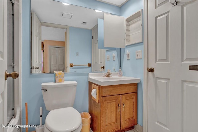 full bathroom featuring visible vents, shower / bathing tub combination, vanity, and toilet