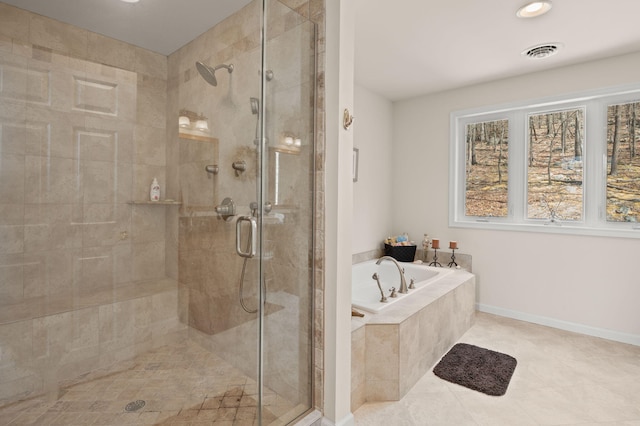 full bath featuring visible vents, tile patterned flooring, recessed lighting, a bath, and a shower stall