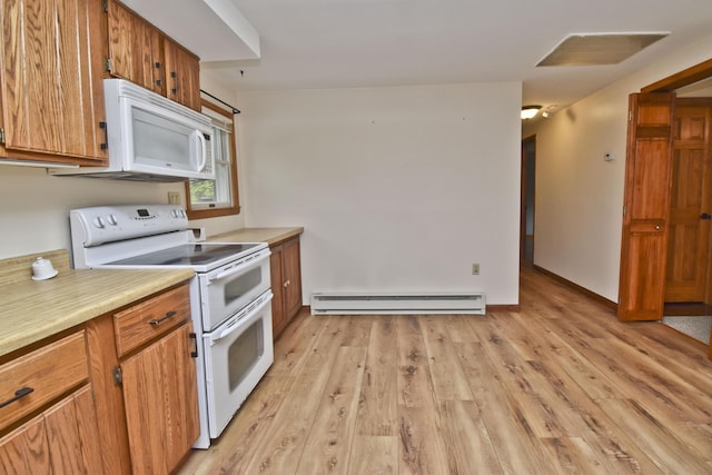 kitchen featuring white appliances, baseboard heating, brown cabinetry, light wood-style flooring, and light countertops
