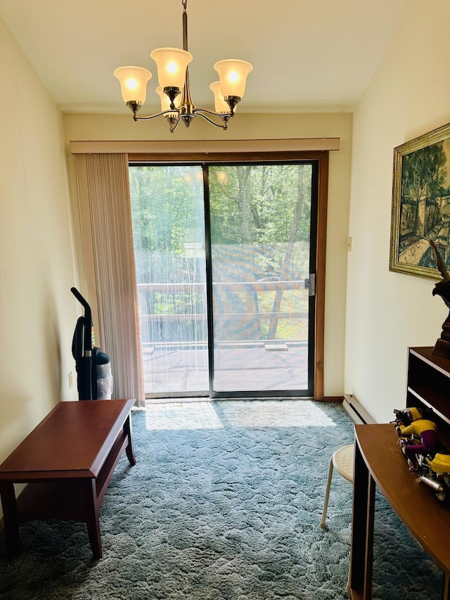 doorway to outside with carpet flooring, a chandelier, and a baseboard heating unit