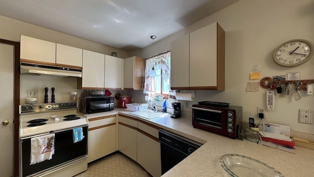 kitchen featuring black appliances, under cabinet range hood, light countertops, white cabinets, and a sink