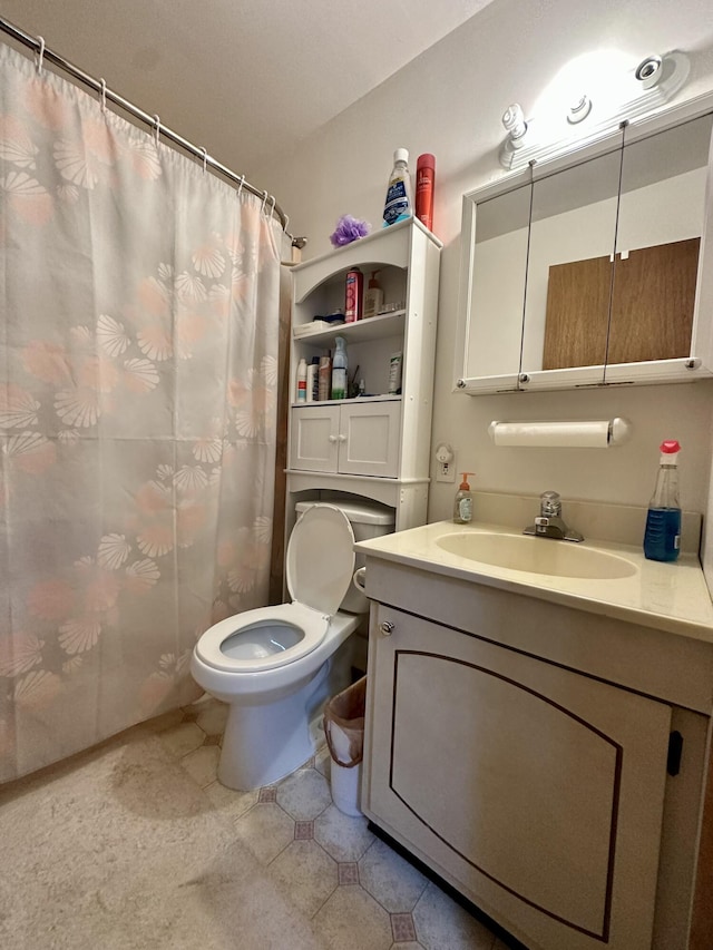 full bathroom with toilet, vanity, and a shower with curtain