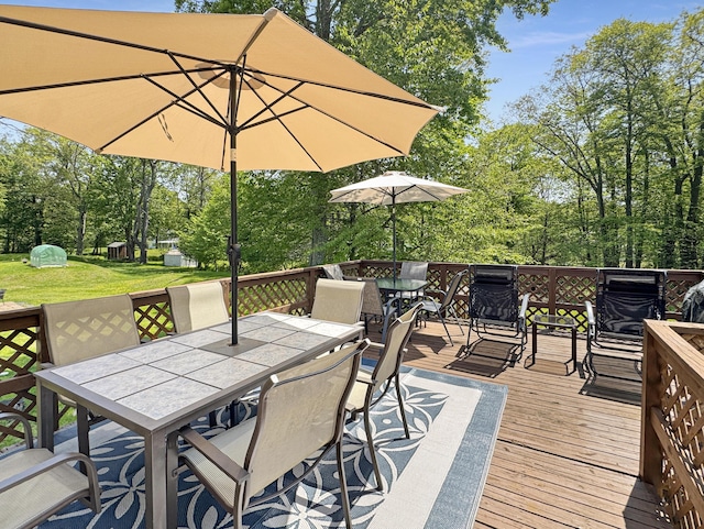 5119 Derby Rd, Tobyhanna, PA 18466 - wooden terrace featuring outdoor dining space, a yard, and view of wooded area