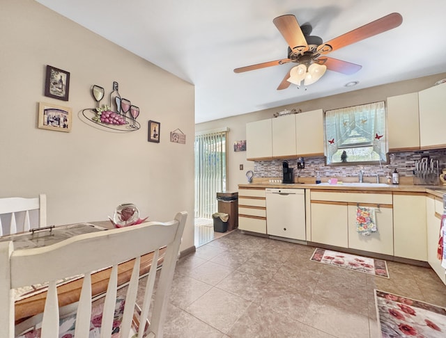 5119 Derby Rd, Tobyhanna, PA 18466 - kitchen with dishwasher, decorative backsplash, ceiling fan, and light countertops