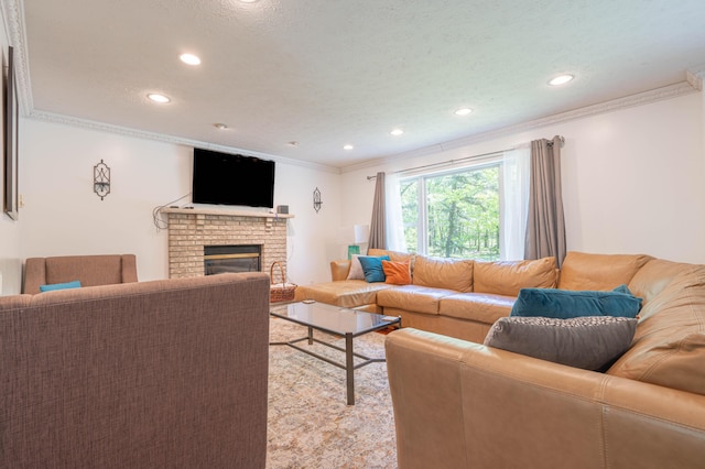 165 Stillwater Dr, Pocono Summit, PA 18346 - living room with ornamental molding, recessed lighting, and a brick fireplace