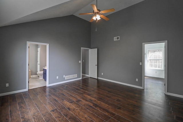 302 Leaf St, Tobyhanna, PA 18466 - unfurnished bedroom featuring high vaulted ceiling, wood finished floors, and ensuite bath