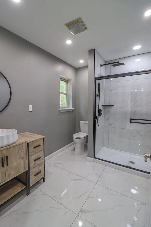 302 Leaf St, Tobyhanna, PA 18466 - full bath with vanity, a marble finish shower, marble finish floors, and recessed lighting
