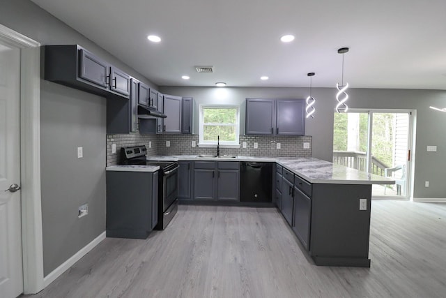 302 Leaf St, Tobyhanna, PA 18466 - kitchen featuring range with electric cooktop, black dishwasher, a peninsula, backsplash, and light wood-style floors