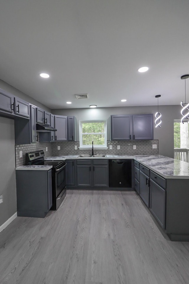 302 Leaf St, Tobyhanna, PA 18466 - kitchen with stainless steel electric stove, dishwasher, a peninsula, gray cabinets, and decorative backsplash