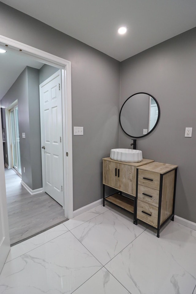 302 Leaf St, Tobyhanna, PA 18466 - bathroom with marble finish flooring, vanity, and recessed lighting
