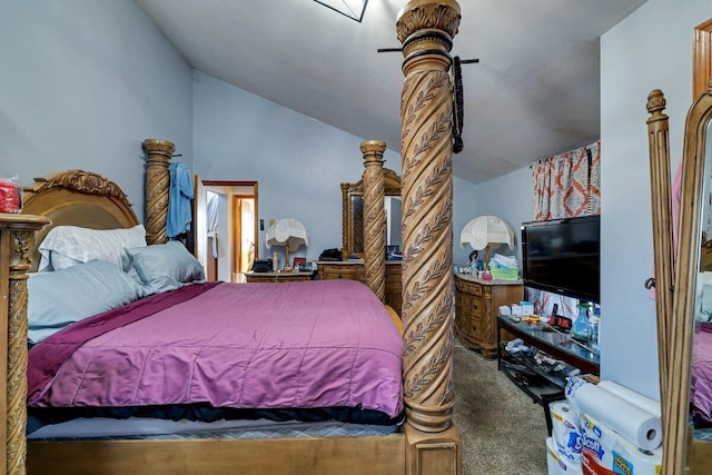 carpeted bedroom featuring lofted ceiling