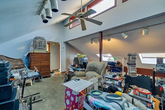 carpeted office space with lofted ceiling, ceiling fan, and track lighting