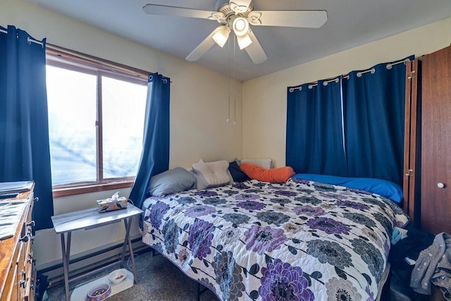 bedroom featuring a baseboard heating unit and ceiling fan