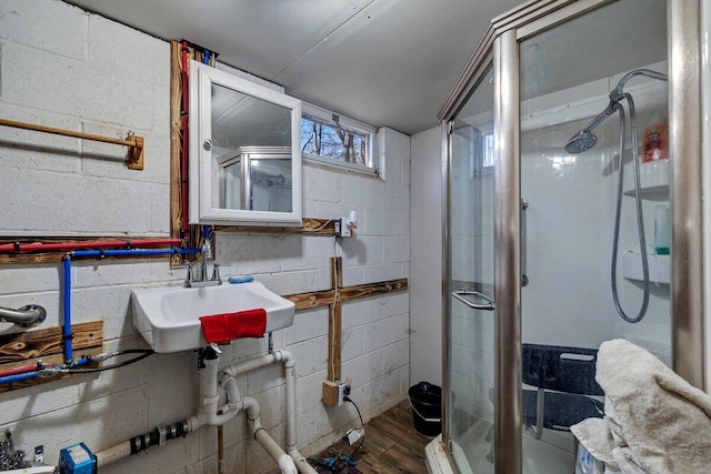 bathroom with a sink, wood finished floors, and a shower stall