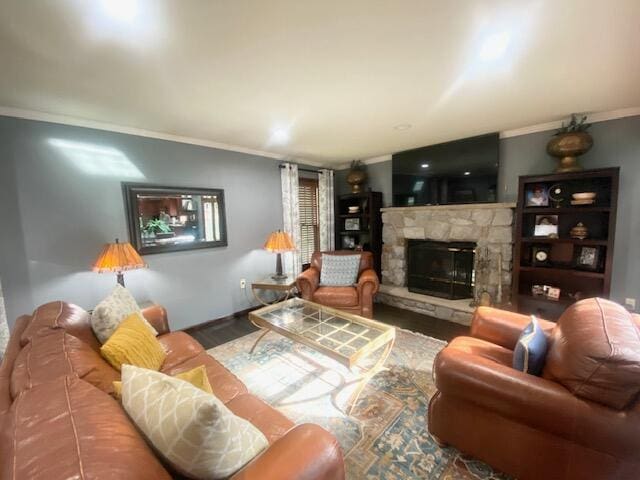 5132 Pocono Park Ln, Swiftwater, PA 18370 - living room featuring ornamental molding, wood finished floors, and a fireplace
