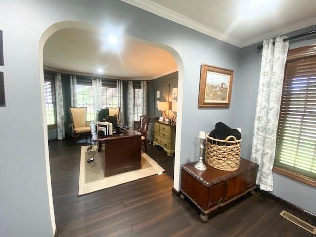 5132 Pocono Park Ln, Swiftwater, PA 18370 - office with arched walkways, wood finished floors, and crown molding