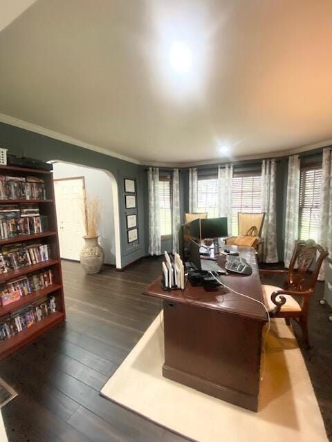 5132 Pocono Park Ln, Swiftwater, PA 18370 - home office with crown molding, arched walkways, and dark wood-style floors