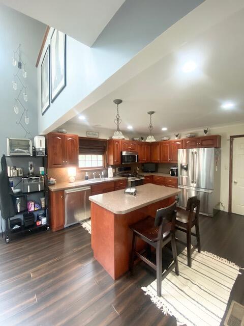 5132 Pocono Park Ln, Swiftwater, PA 18370 - kitchen featuring stainless steel appliances, a kitchen island, dark wood-type flooring, light countertops, and decorative light fixtures
