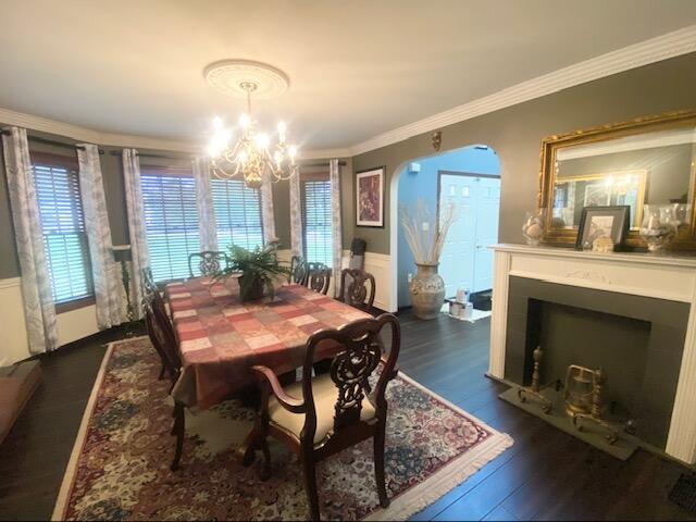 5132 Pocono Park Ln, Swiftwater, PA 18370 - dining area with a chandelier, dark wood finished floors, a wainscoted wall, crown molding, and a fireplace