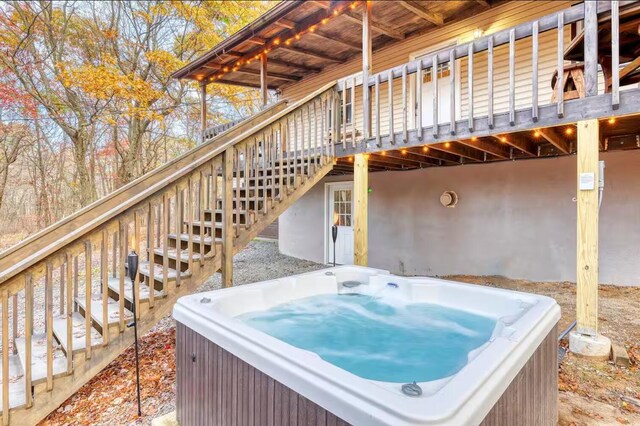 3312 Black Cherry Ct, Long Pond, PA 18334 - wooden deck featuring stairway and a hot tub