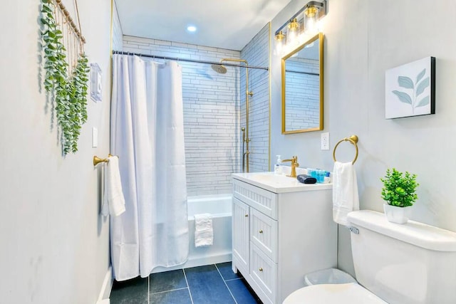 3312 Black Cherry Ct, Long Pond, PA 18334 - bathroom with tile patterned floors, toilet, vanity, and shower / bathtub combination with curtain