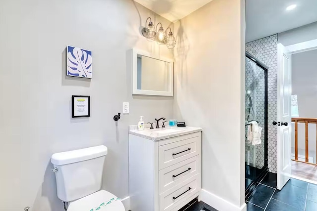 3312 Black Cherry Ct, Long Pond, PA 18334 - full bath with a shower with shower door, toilet, vanity, tile patterned floors, and baseboards