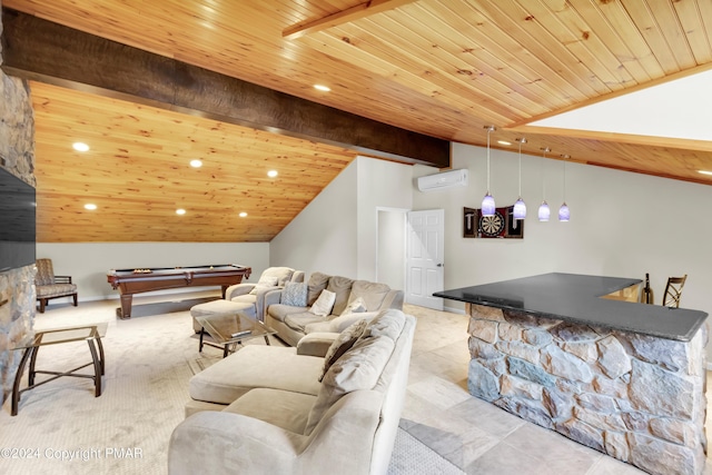 living room with wooden ceiling, a wall unit AC, billiards, and lofted ceiling with beams