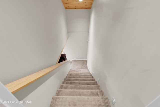 stairway with wooden ceiling and carpet