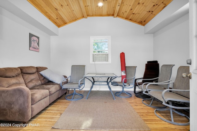 living room with cooling unit, wooden ceiling, lofted ceiling with beams, and wood finished floors