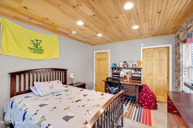 tiled bedroom featuring ornamental molding, recessed lighting, and wooden ceiling