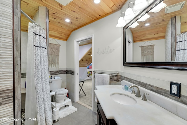 full bathroom with wooden ceiling, recessed lighting, visible vents, and wainscoting