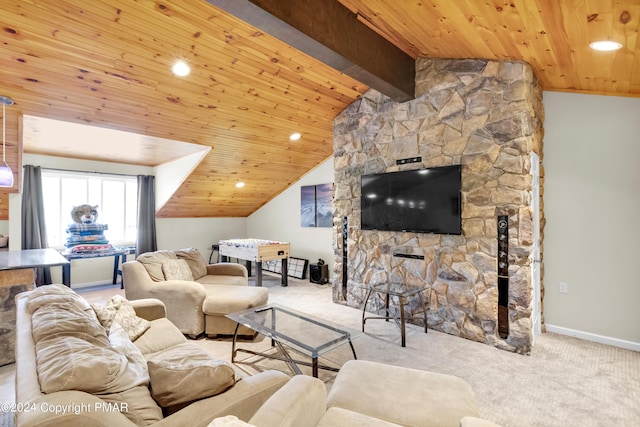 carpeted living area with vaulted ceiling with beams, wooden ceiling, a fireplace, and baseboards