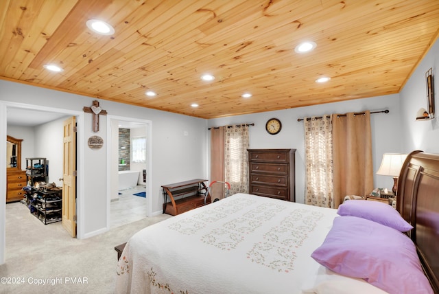 bedroom with light carpet, wooden ceiling, baseboards, and recessed lighting