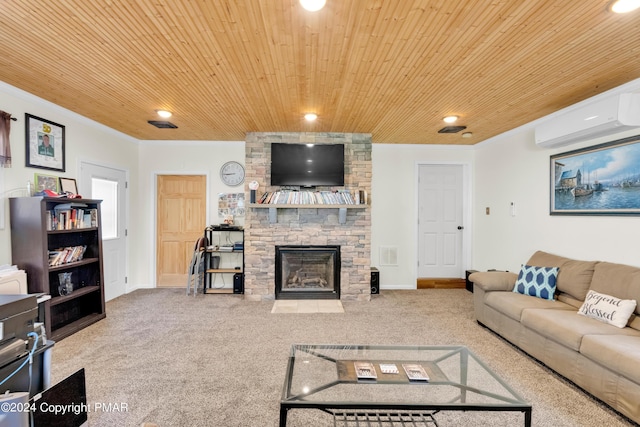 living room featuring an AC wall unit, a fireplace, carpet flooring, and wood ceiling