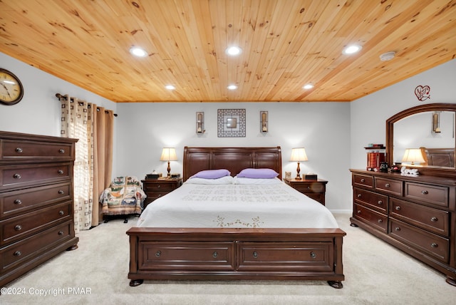 bedroom with wood ceiling, light colored carpet, and recessed lighting