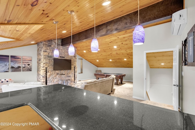 kitchen with wood ceiling, open floor plan, an AC wall unit, and lofted ceiling with beams