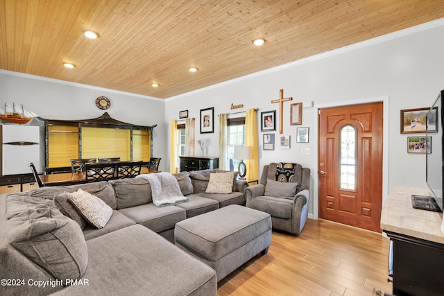 living area with light wood-style floors, wooden ceiling, and crown molding