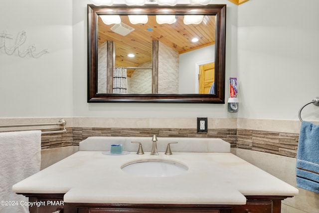 bathroom with recessed lighting, wood ceiling, visible vents, and vanity