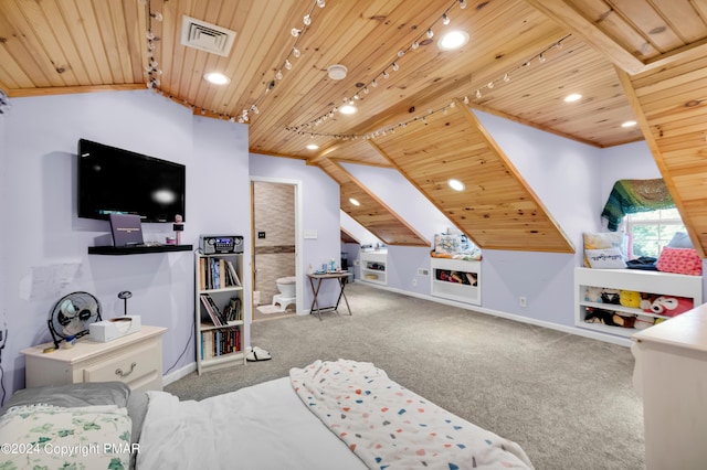 carpeted bedroom with lofted ceiling, visible vents, wood ceiling, track lighting, and baseboards