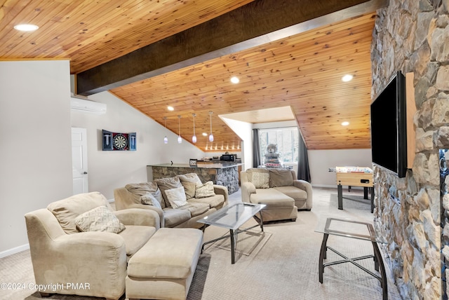 living area with lofted ceiling with beams, wood ceiling, light carpet, a wall mounted air conditioner, and baseboards