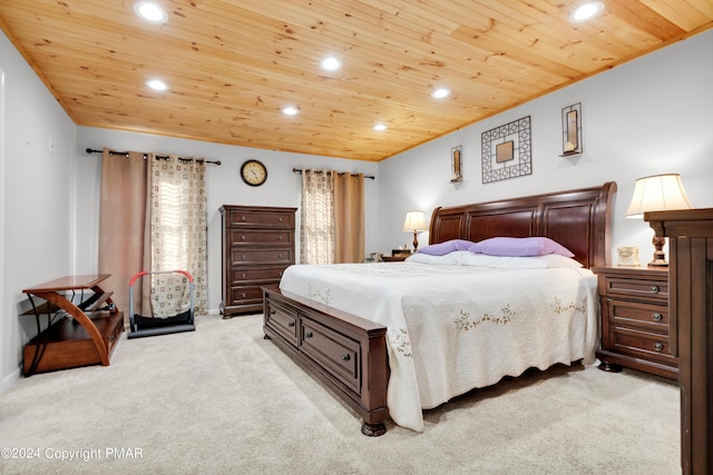 bedroom with recessed lighting, wooden ceiling, light colored carpet, and baseboards