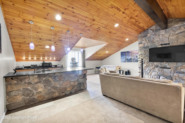 interior space with carpet, pendant lighting, recessed lighting, lofted ceiling with beams, and wooden ceiling