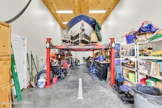 garage featuring wooden ceiling