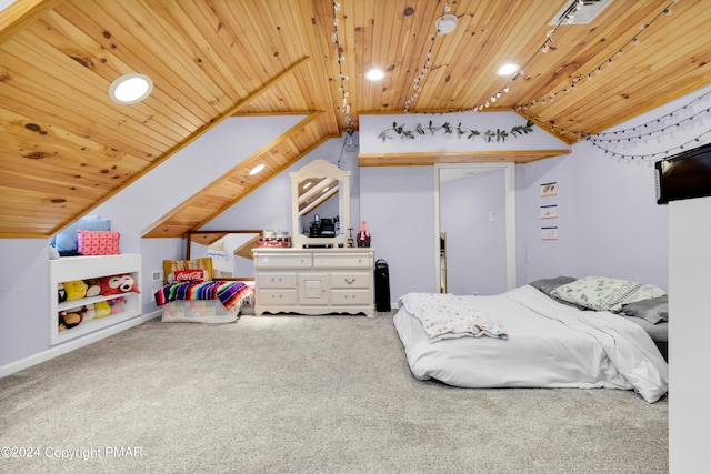 carpeted bedroom with recessed lighting, wood ceiling, visible vents, and vaulted ceiling